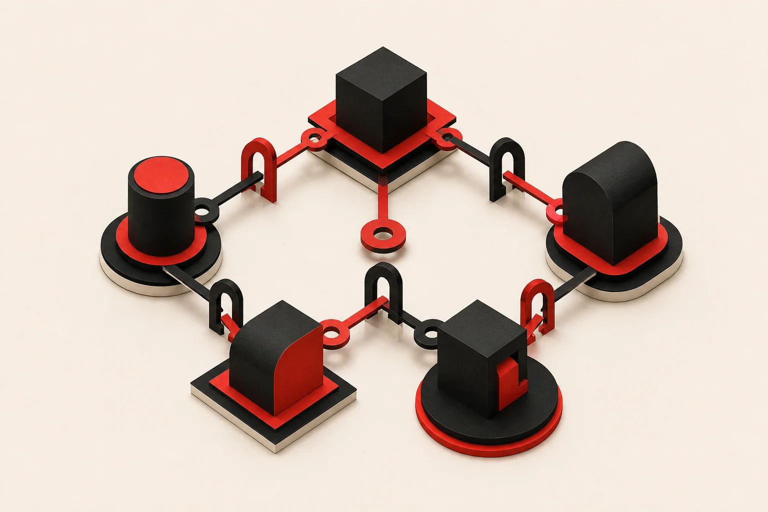 Isometric diagram: five block-shaped tables linked in a ring by red and black connectors, standing for records such as customers, orders and payments
