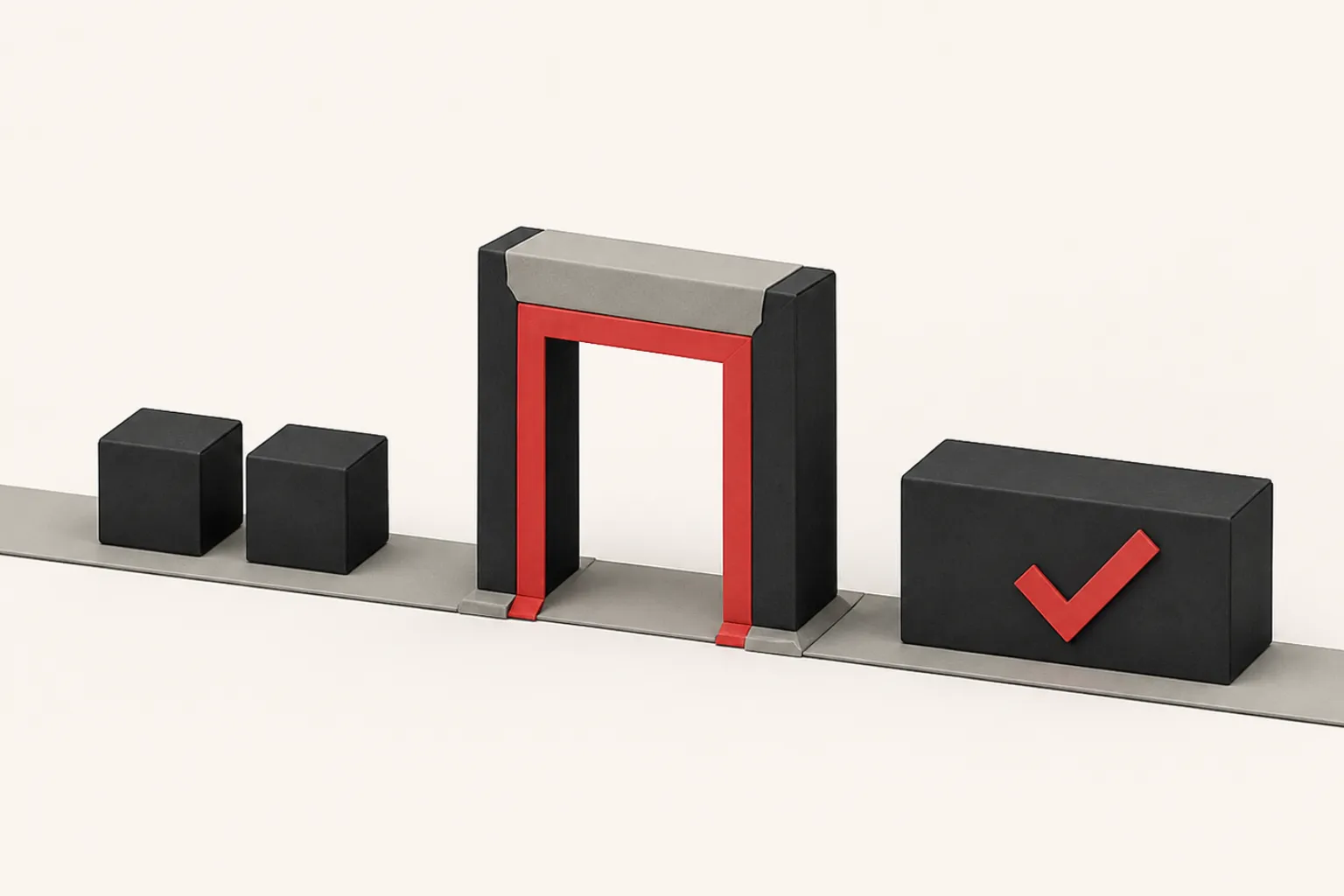 Isometric diagram: two pending writes travelling along one track, through a single gate, and out the other side with red ticks