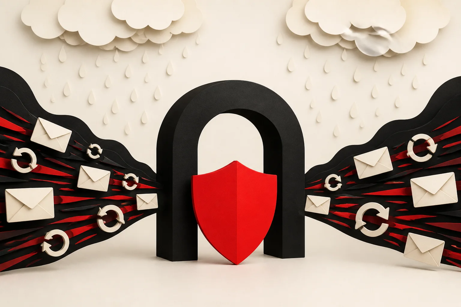 Editorial illustration of a resilient API handling retries, timeouts and duplicate requests