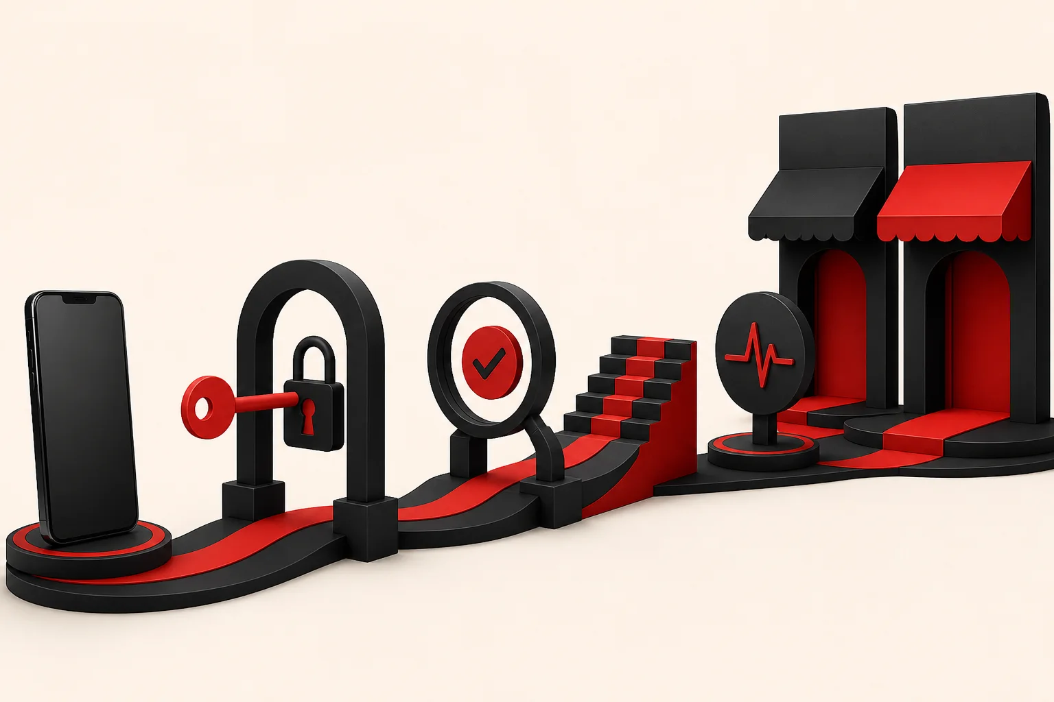 Editorial illustration of a mobile application moving through a complex release pipeline