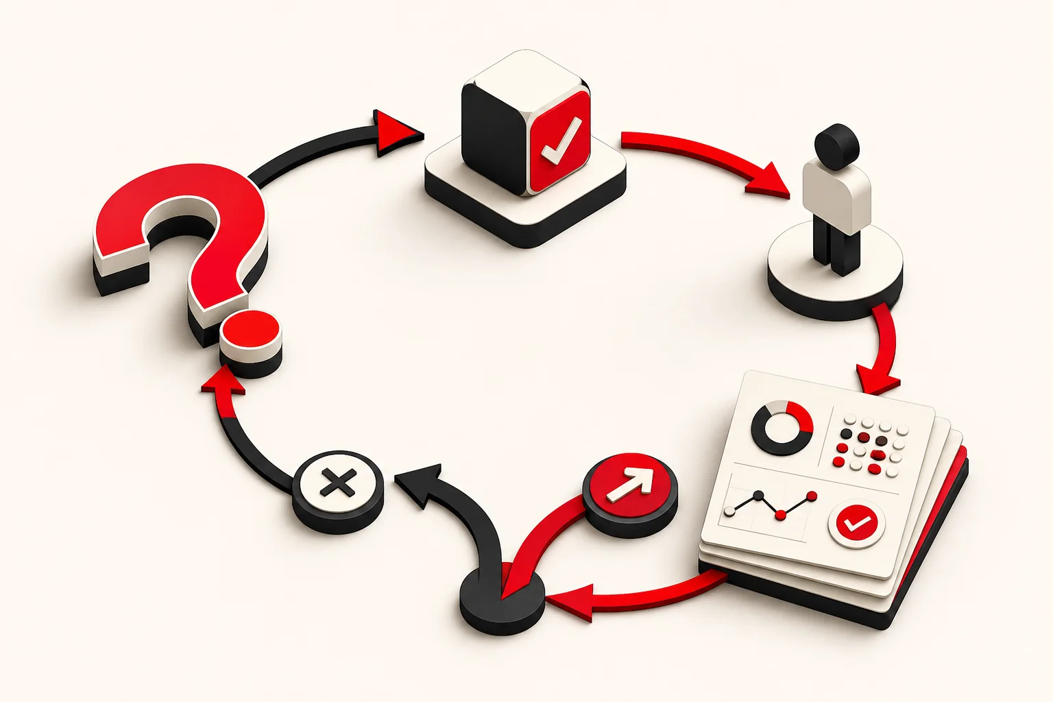 A loop running from a question mark to a small finished product, a user, a board of results, then a go-or-stop decision and back to the question