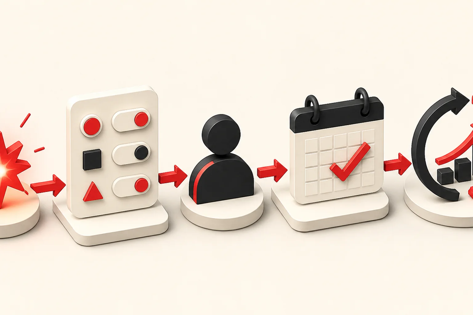 A five-step chain: an insight, a short action list, a named owner, a date in the calendar, then a check on what changed