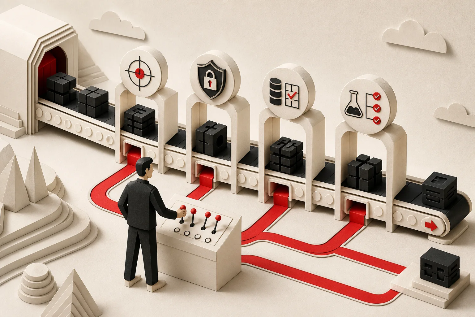 Editorial illustration of engineers carefully reviewing AI-generated code