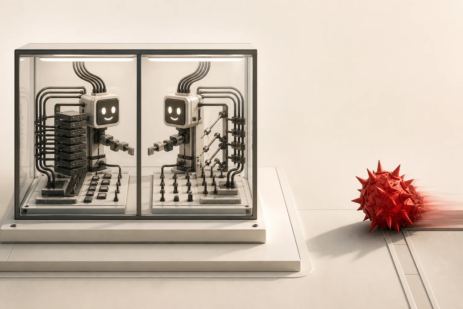 Two identical robots mirroring each other inside a glass case, while a red spiked ball rolls in from outside it