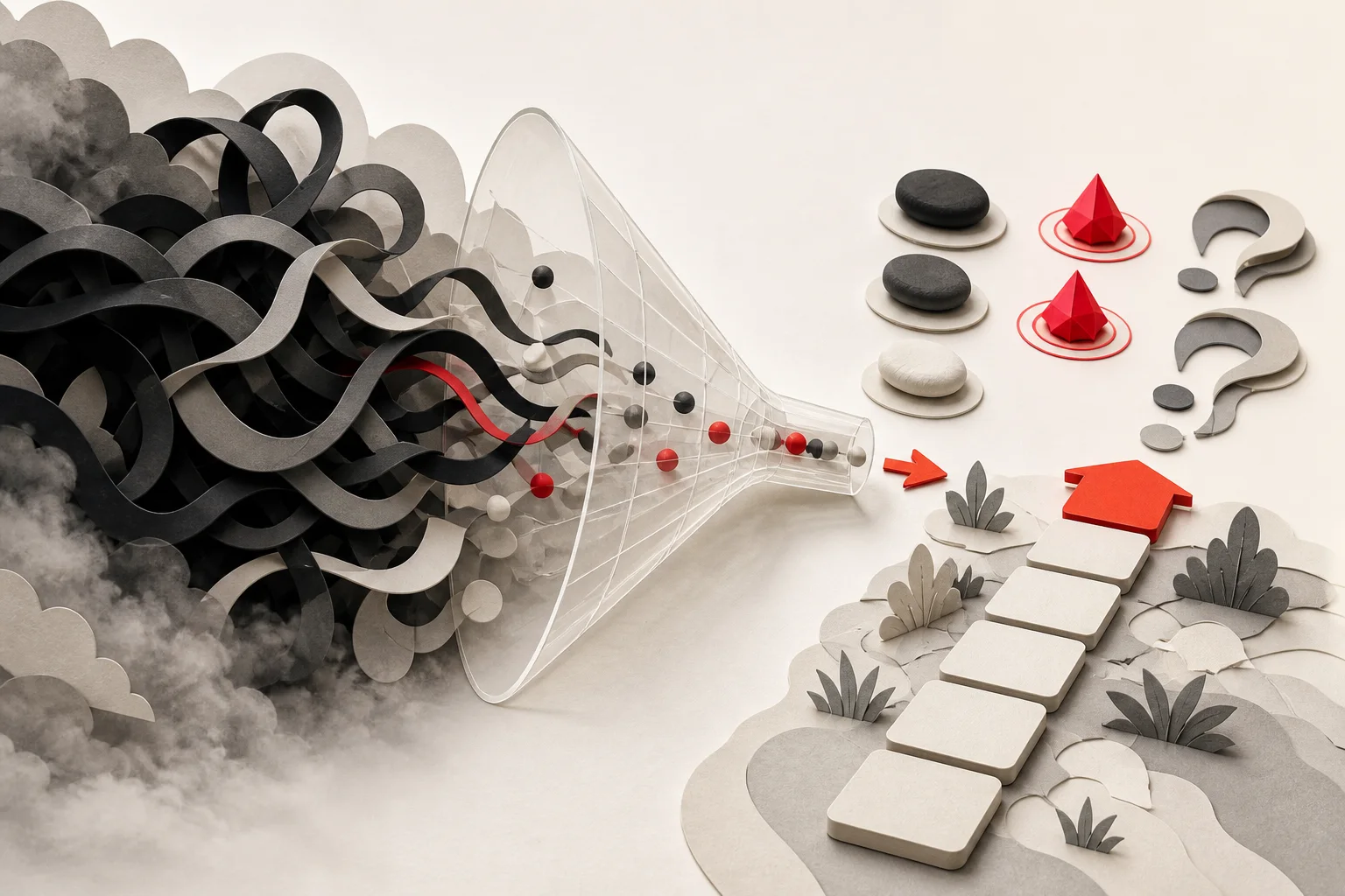 A tangle of threads in fog passing through a funnel and coming out as marked risks, open questions and a line of stepping stones