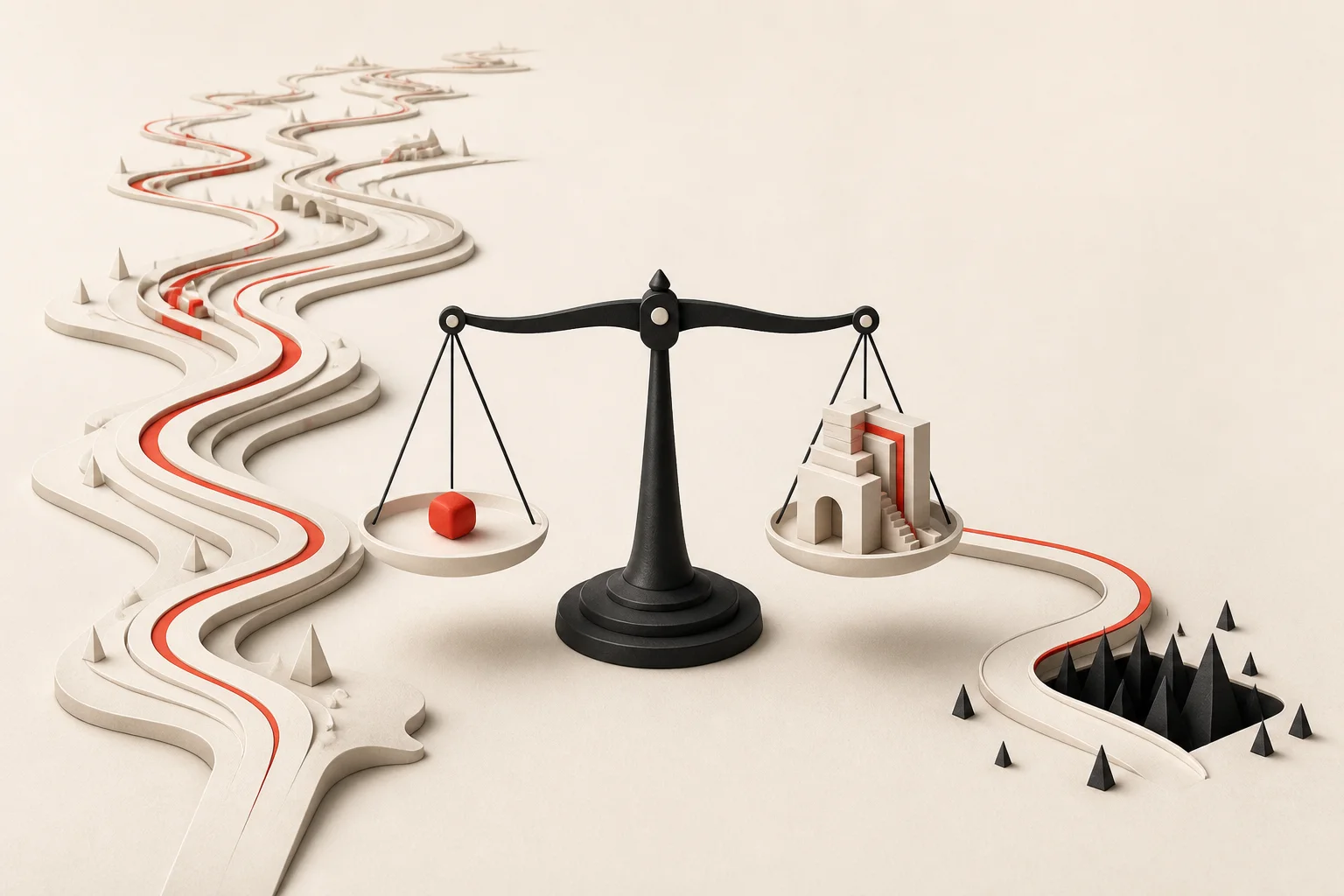 A balance scale weighing one small simple block against a larger structure, beside a road that runs into a pit