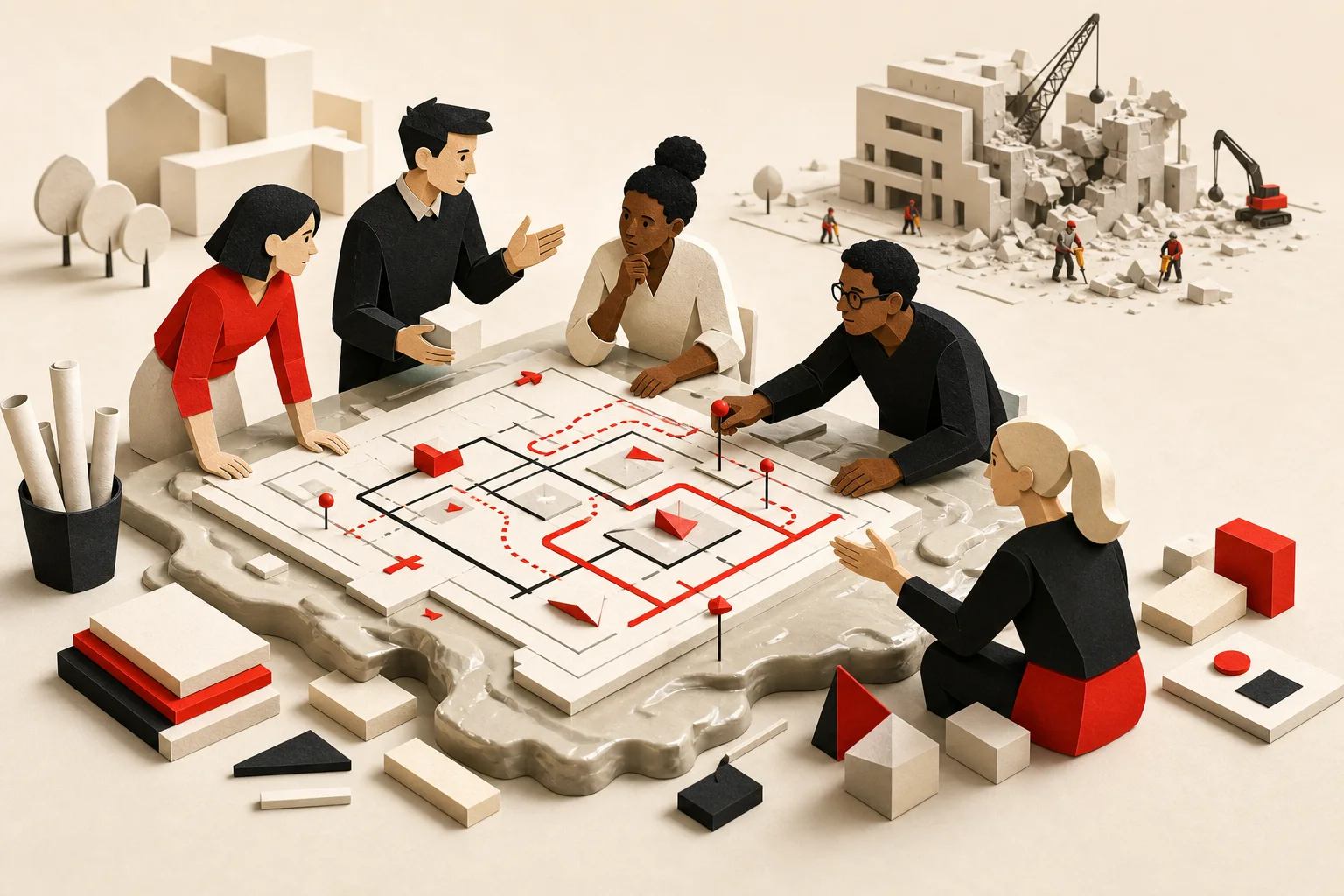 Editorial illustration of a software team debating product decisions before building