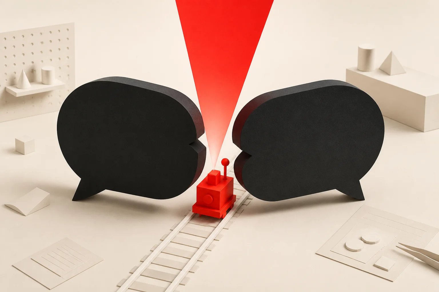 Two dark speech bubbles colliding while a small red machine on a track pushes between them and throws a beam of light