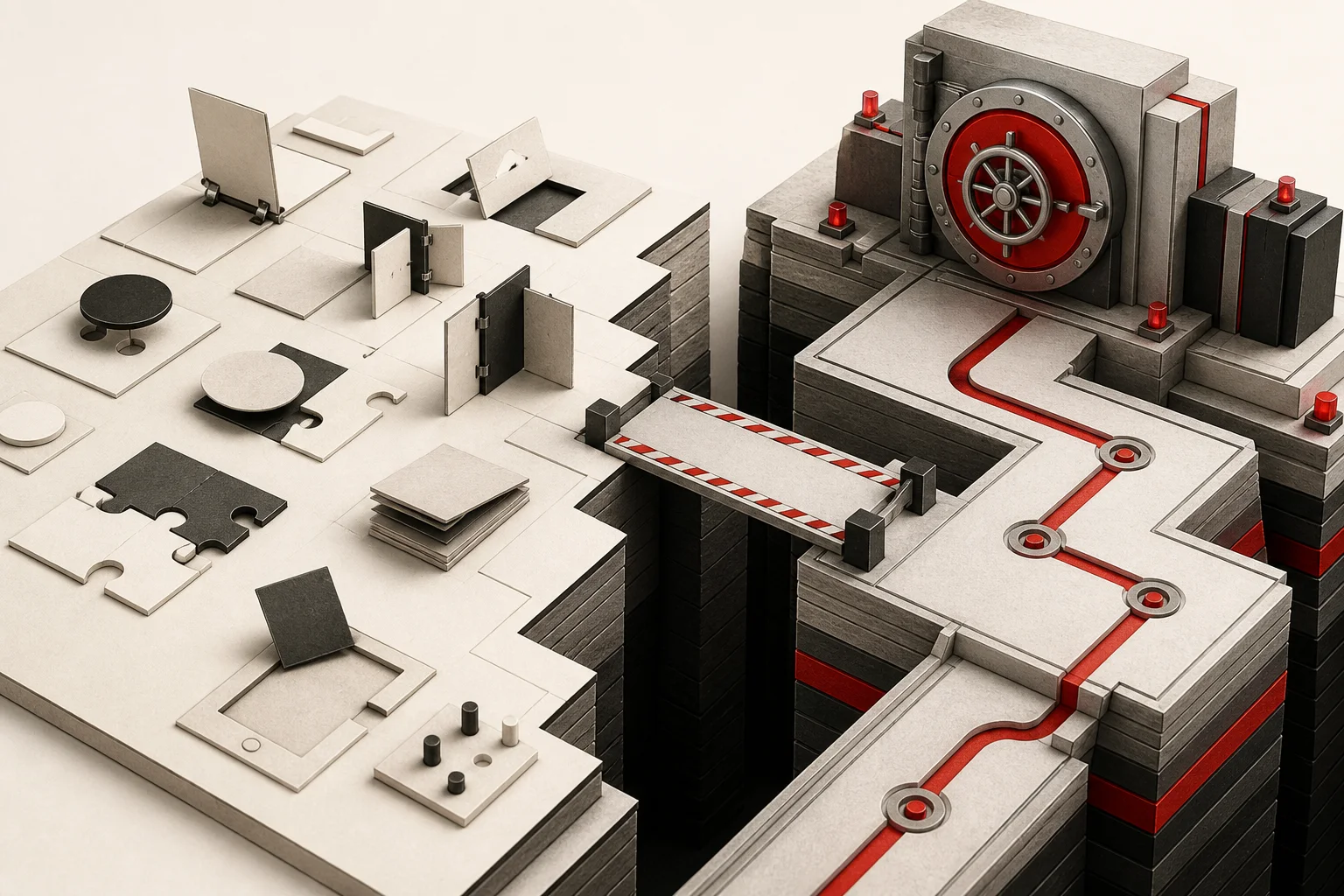 Two platforms across a gap: one built from hinged doors and swappable puzzle pieces, the other bolted shut behind a vault door