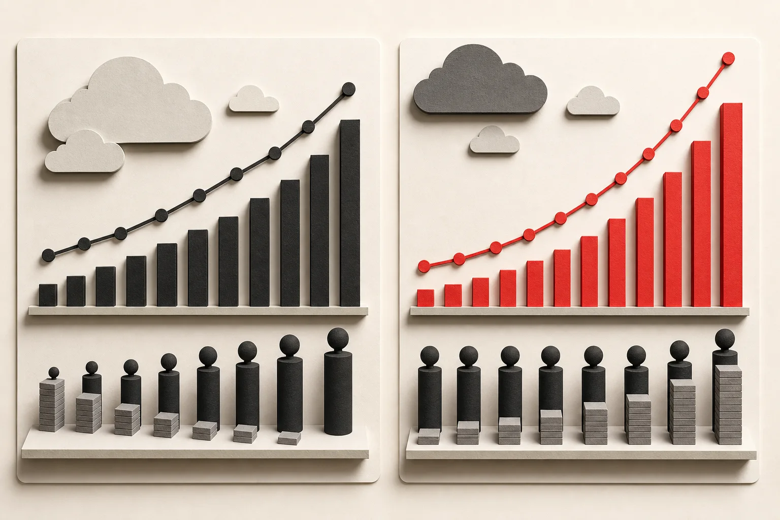 Two paper charts side by side: on the left the bill rises while cost per user falls; on the right the bill rises sharply while user numbers stay flat