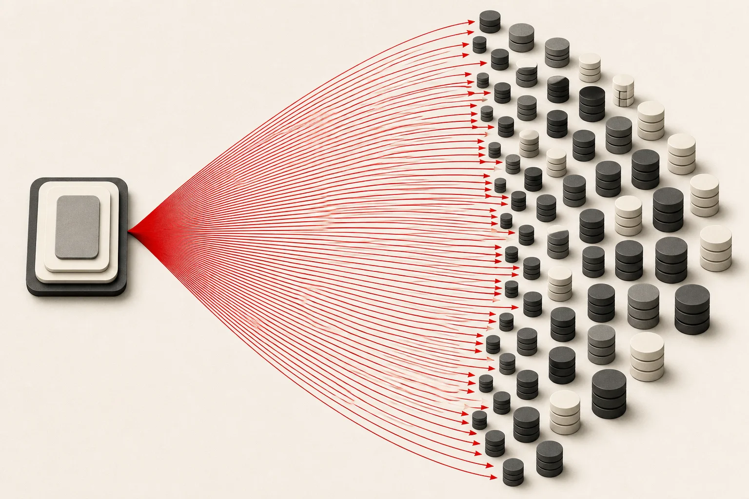 One request on the left fanning out into dozens of red arrows, each hitting a separate database in a large grid