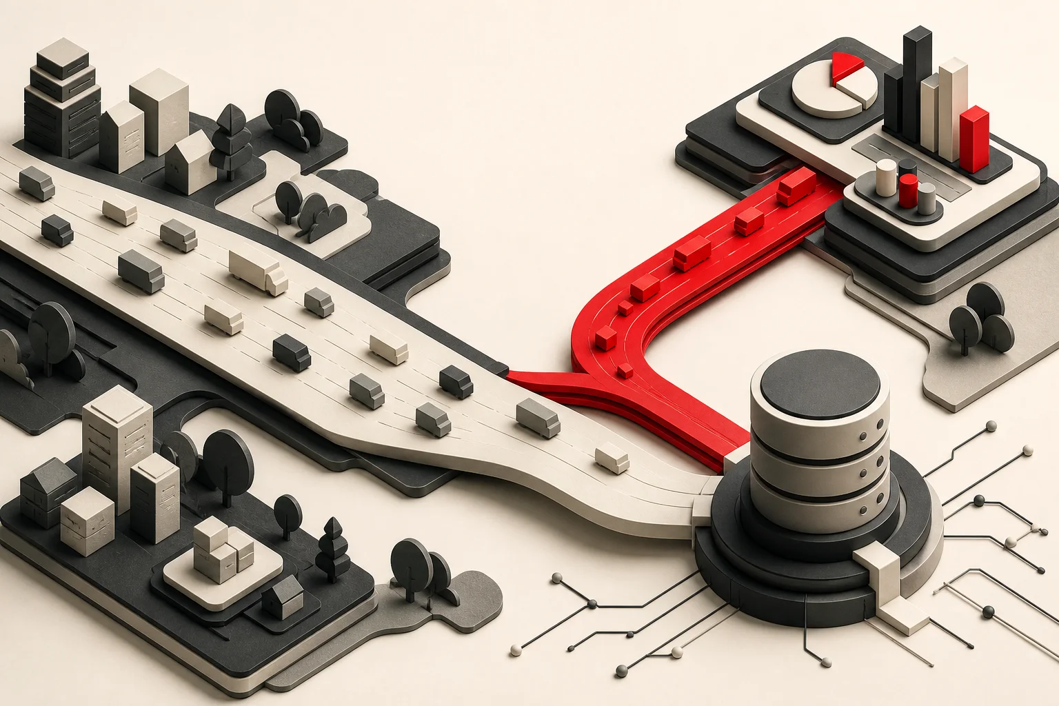 Isometric scene: a busy pale road of traffic running to a database, with a clear red express lane branching off beside it