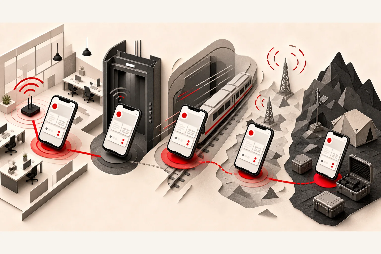 Editorial illustration of a mobile app staying useful across weak and missing connections
