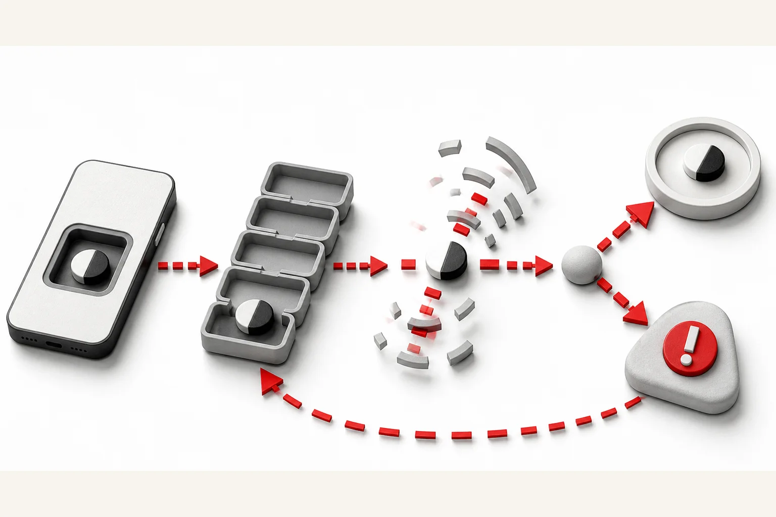 A queued action moving through saved, pending, syncing, complete and failed states