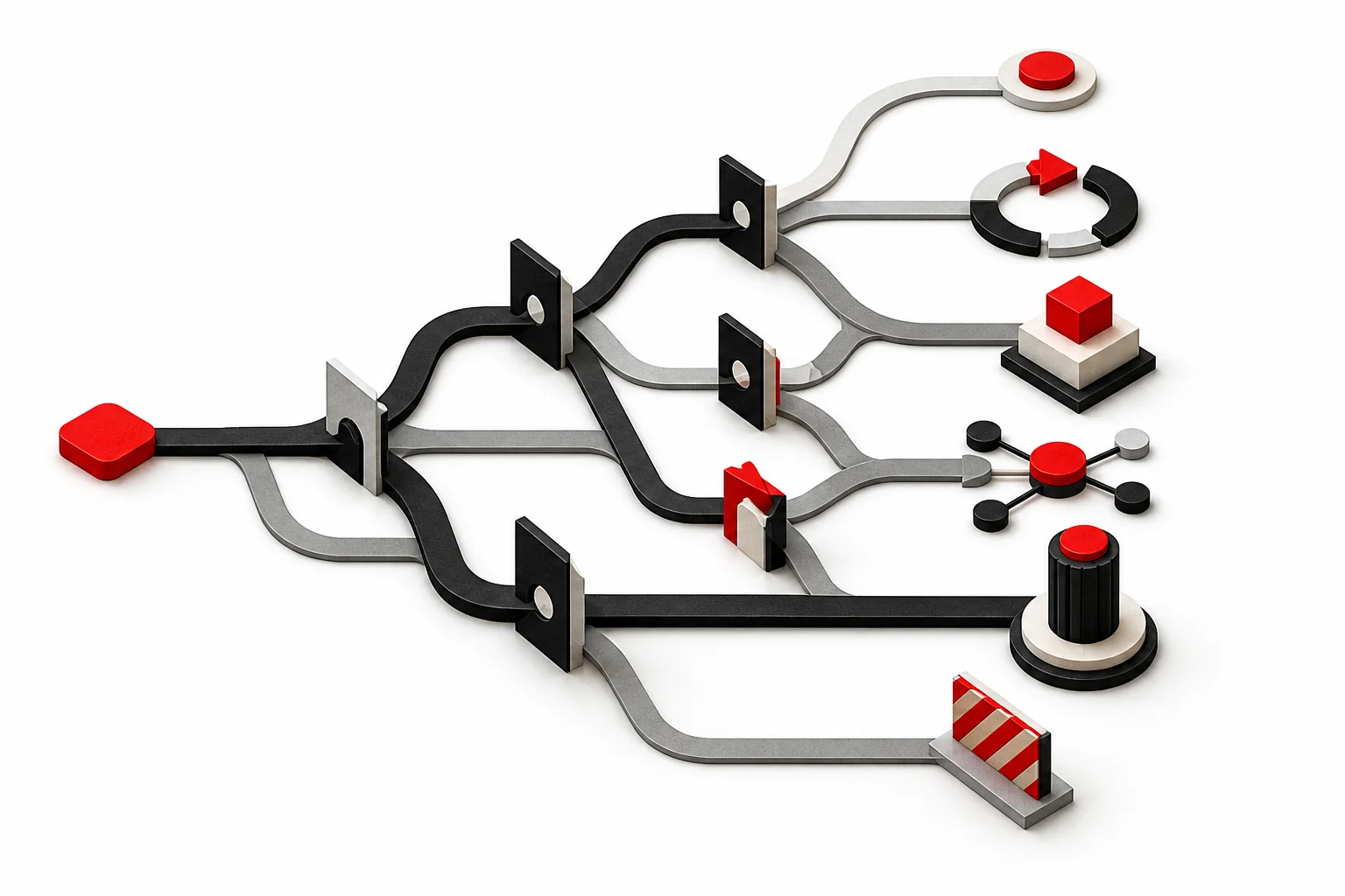 One request entering a series of switch points and ending at different outcomes, one of which is a road barrier