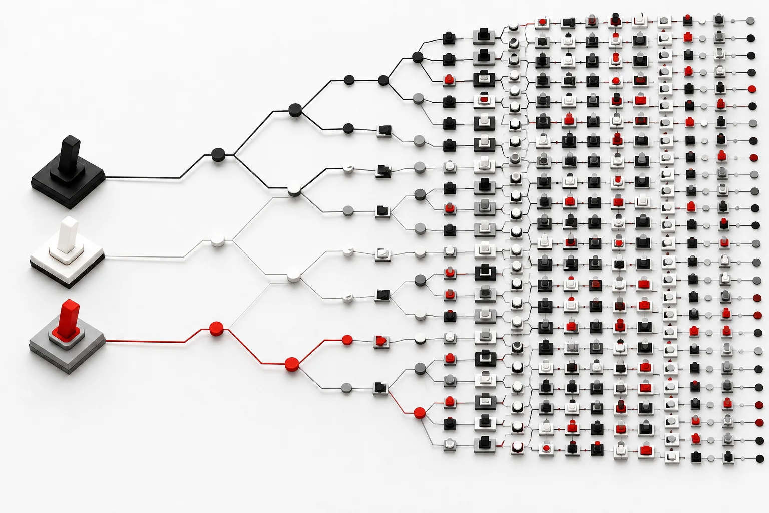 Three toggles branching out into a grid of hundreds of switch combinations