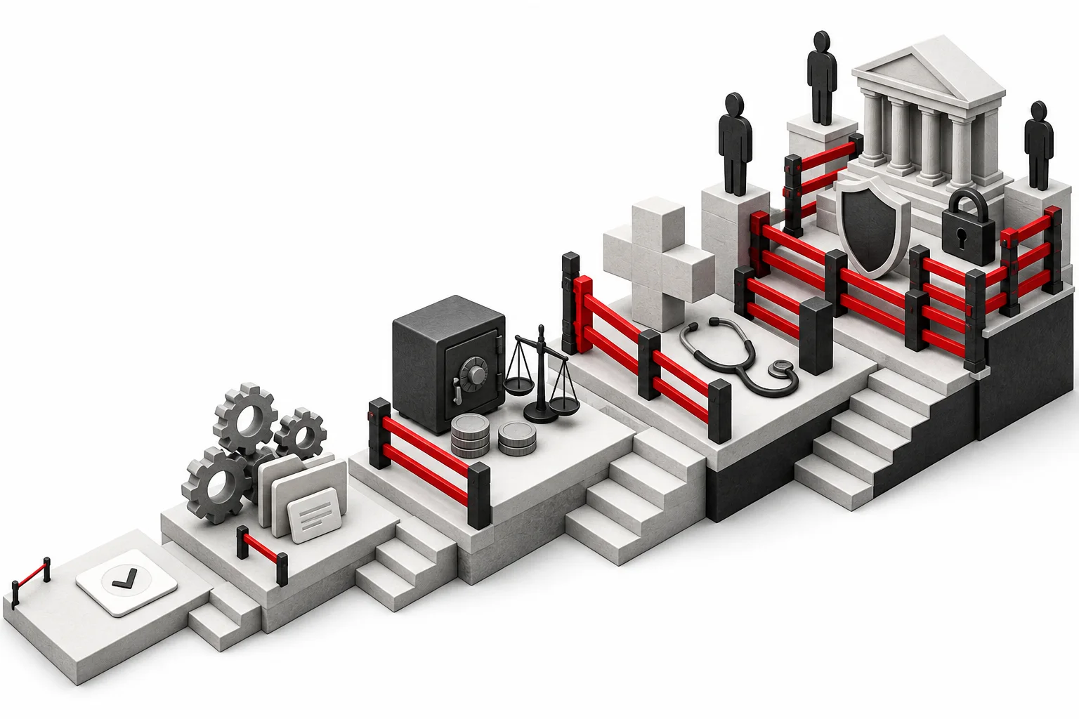 Rising platforms from a simple tick to money, health and legal decisions, each with more red barriers around it