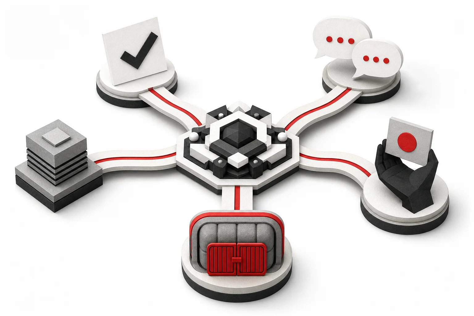 An AI model call branching to an answer, clarification, fallback, human review and safe failure
