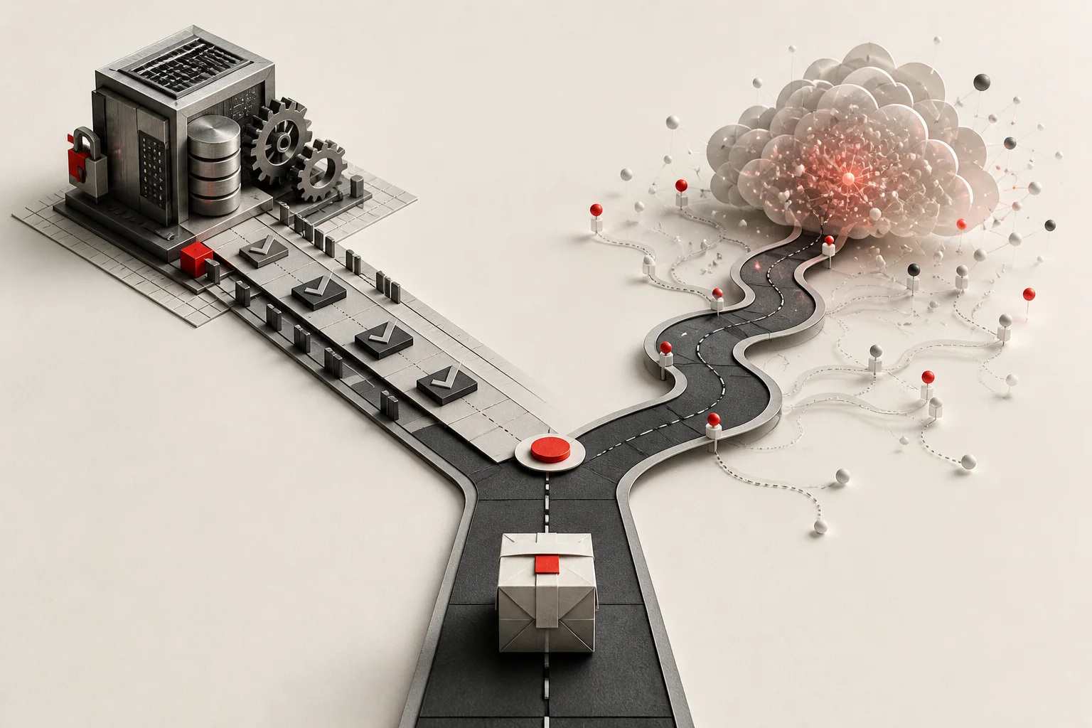 Editorial illustration of a decision gate before adding AI to a product feature