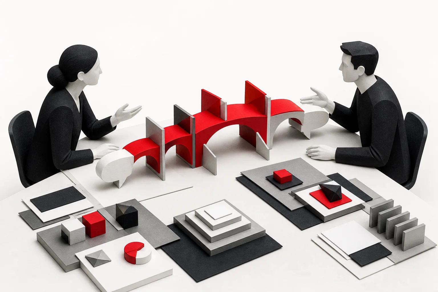 Two people talking across a table with a red bridge of speech bubbles arching between them