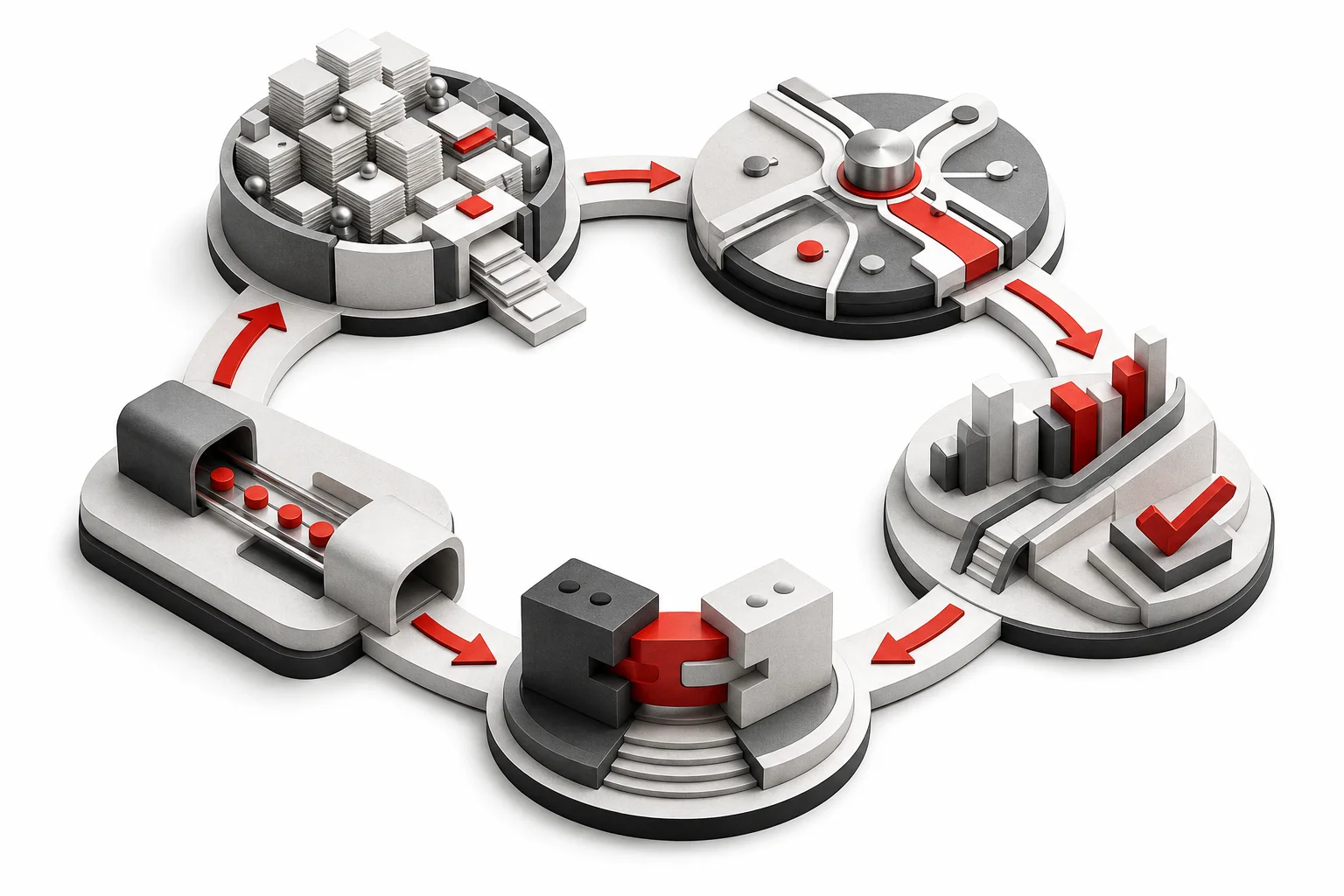 Five stations joined in a loop by red arrows: stored context, a decision dial, results with a tick, two interlocking blocks and a delivery pipeline