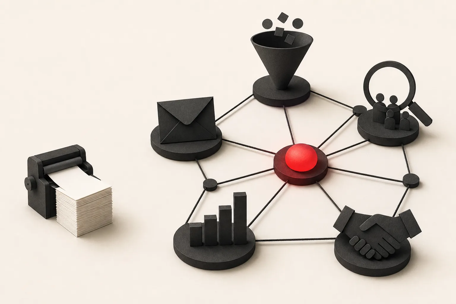 Editorial illustration of a small content printer beside a much larger network of connected marketing intelligence nodes