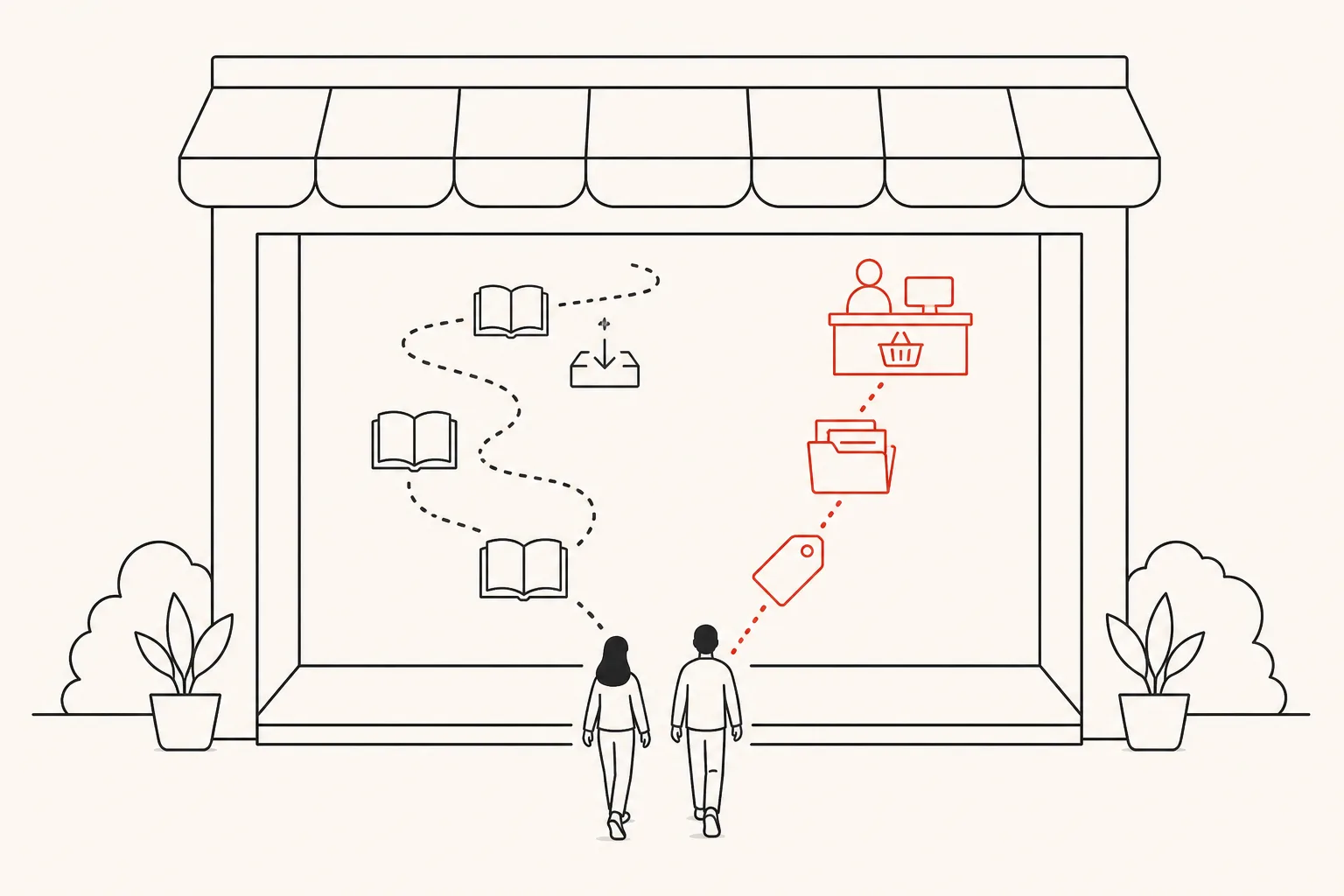Two visitors entering the same website storefront, one path wandering through articles and downloads, the other heading straight past pricing to a checkout