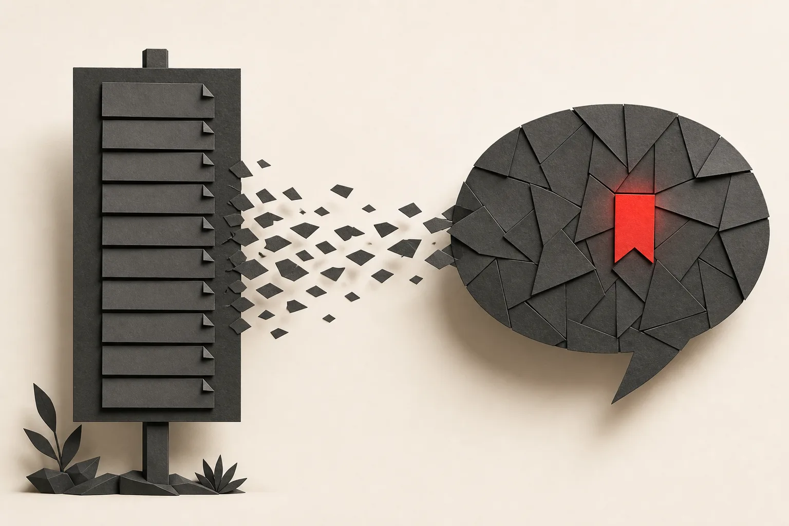 Editorial illustration of ranked search results dissolving into a single AI answer citing one trusted source