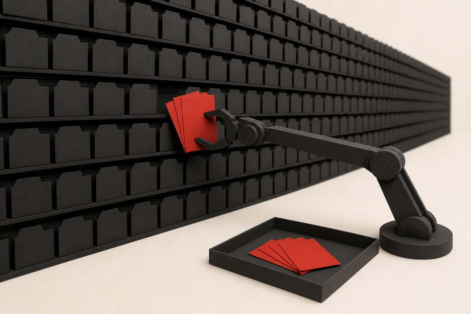 Editorial illustration of a robotic arm picking a few glowing lead cards out of a vast wall of identical ones