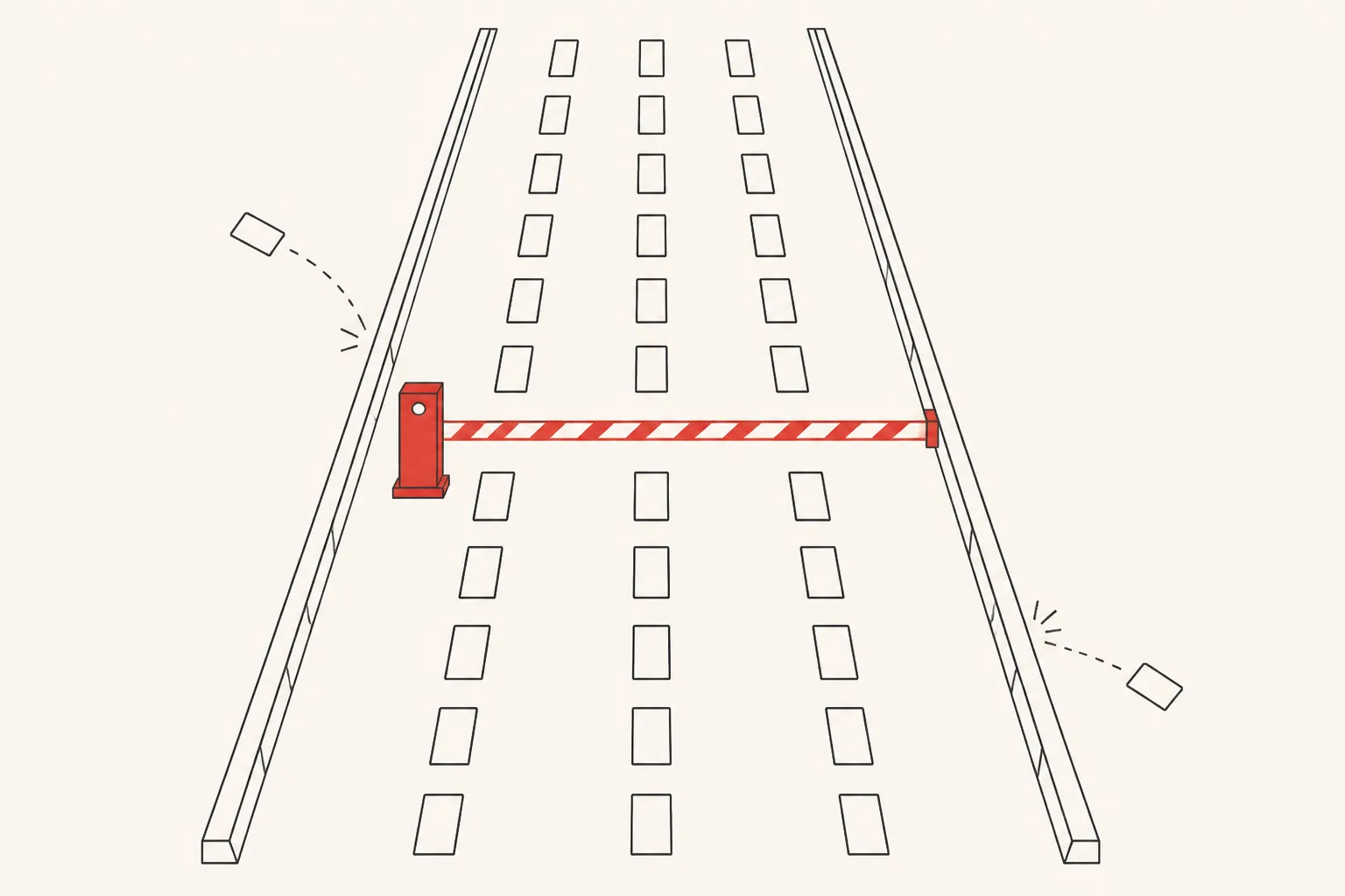 A wide road with solid guardrails keeping many ad cards in tidy lanes, two stray cards bouncing off the rails, and a red checkpoint gate across the middle