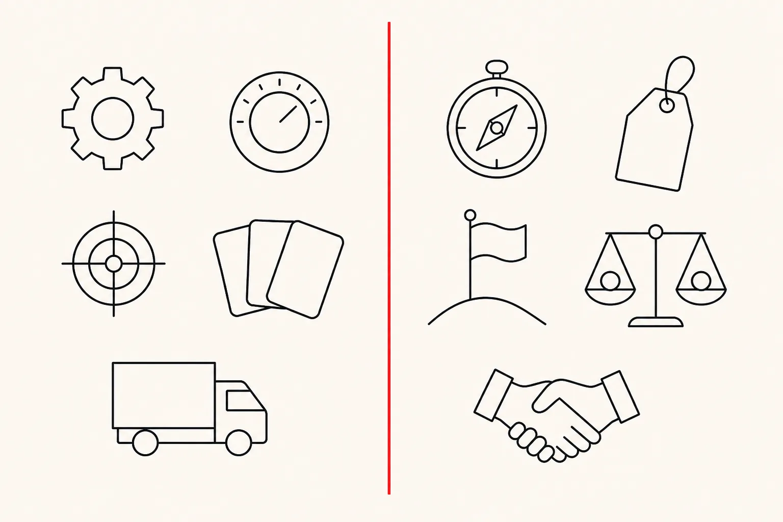 A split panel with a red dividing line: machine territory holds a gear, dial, target, shuffled cards and a delivery truck; human territory holds a compass, price tag, flag, scale and handshake