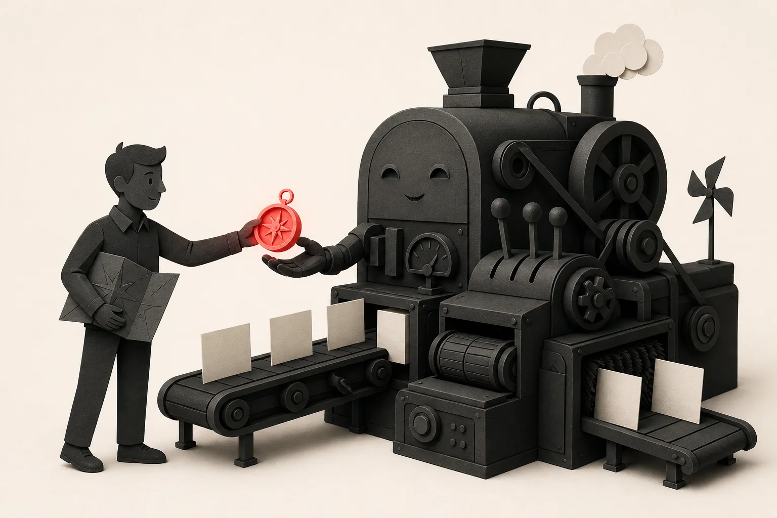 Editorial illustration of a marketer handing a compass to a large machine that optimises the ads