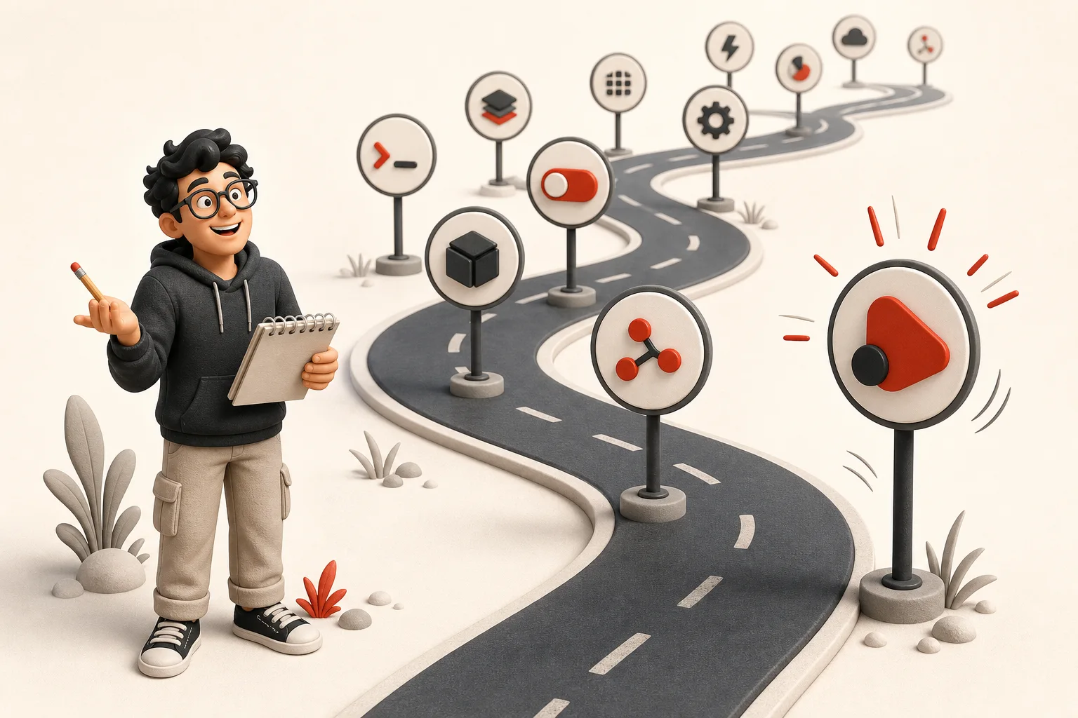 A developer taking notes beside a winding road lined with signposts for different tools