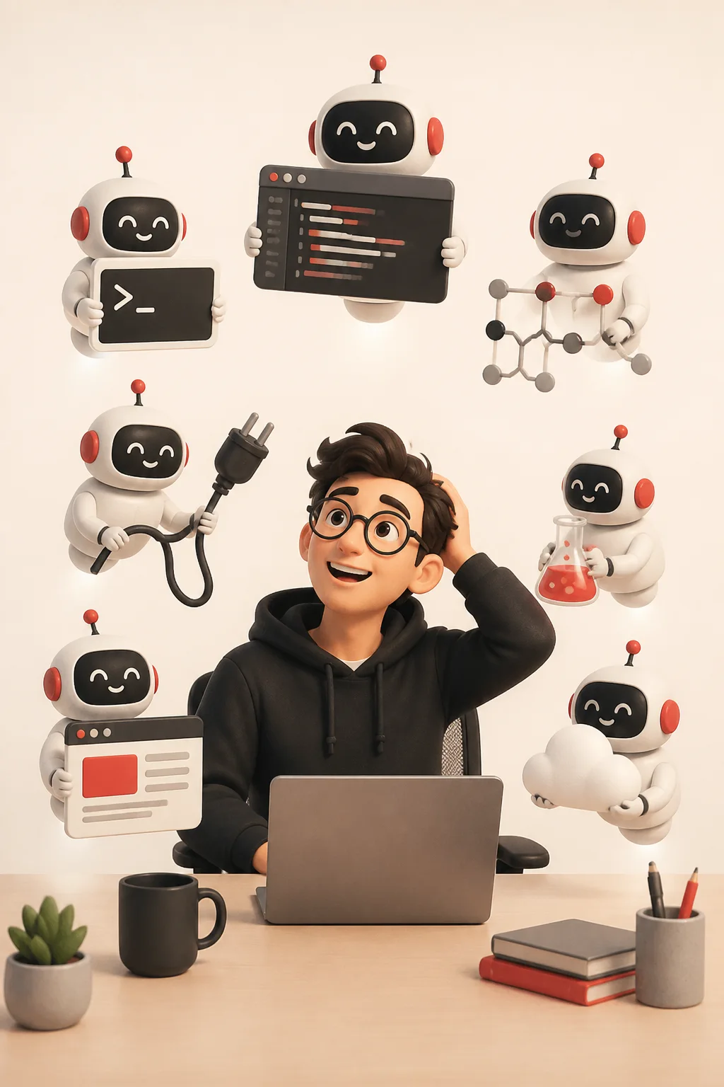 Illustration: a developer surrounded by small helper robots carrying coding tools