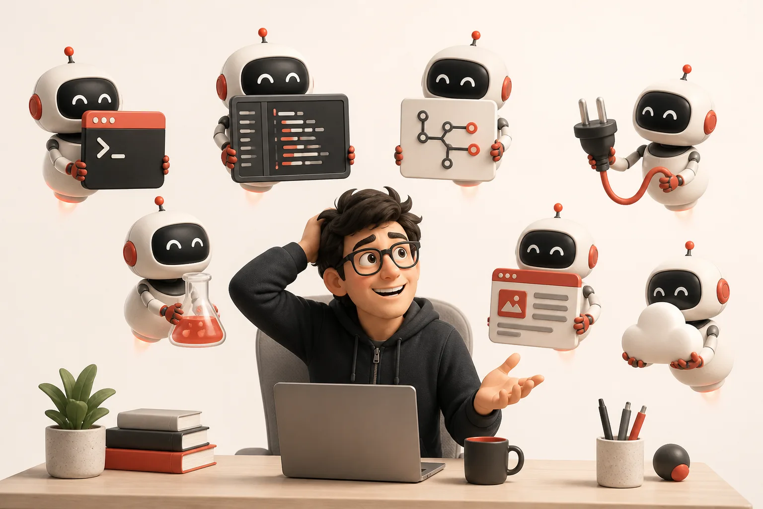 Illustration: a developer surrounded by small helper robots carrying coding tools