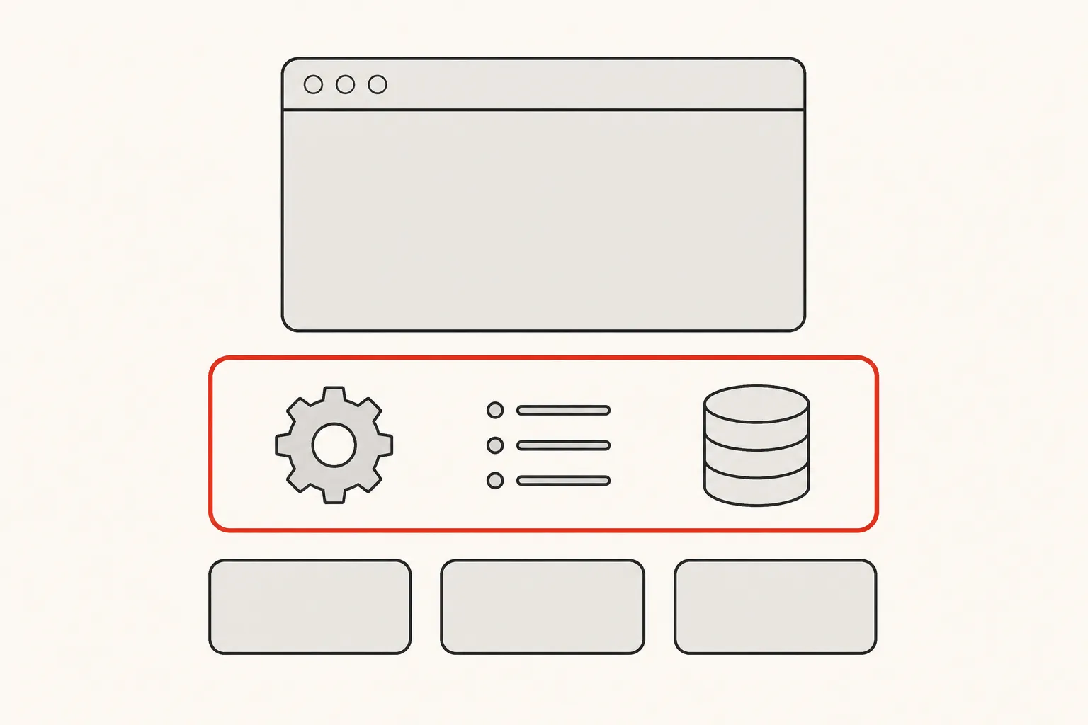 Diagram: vendor services sitting beneath a custom product layer holding business rules, UX and the data model