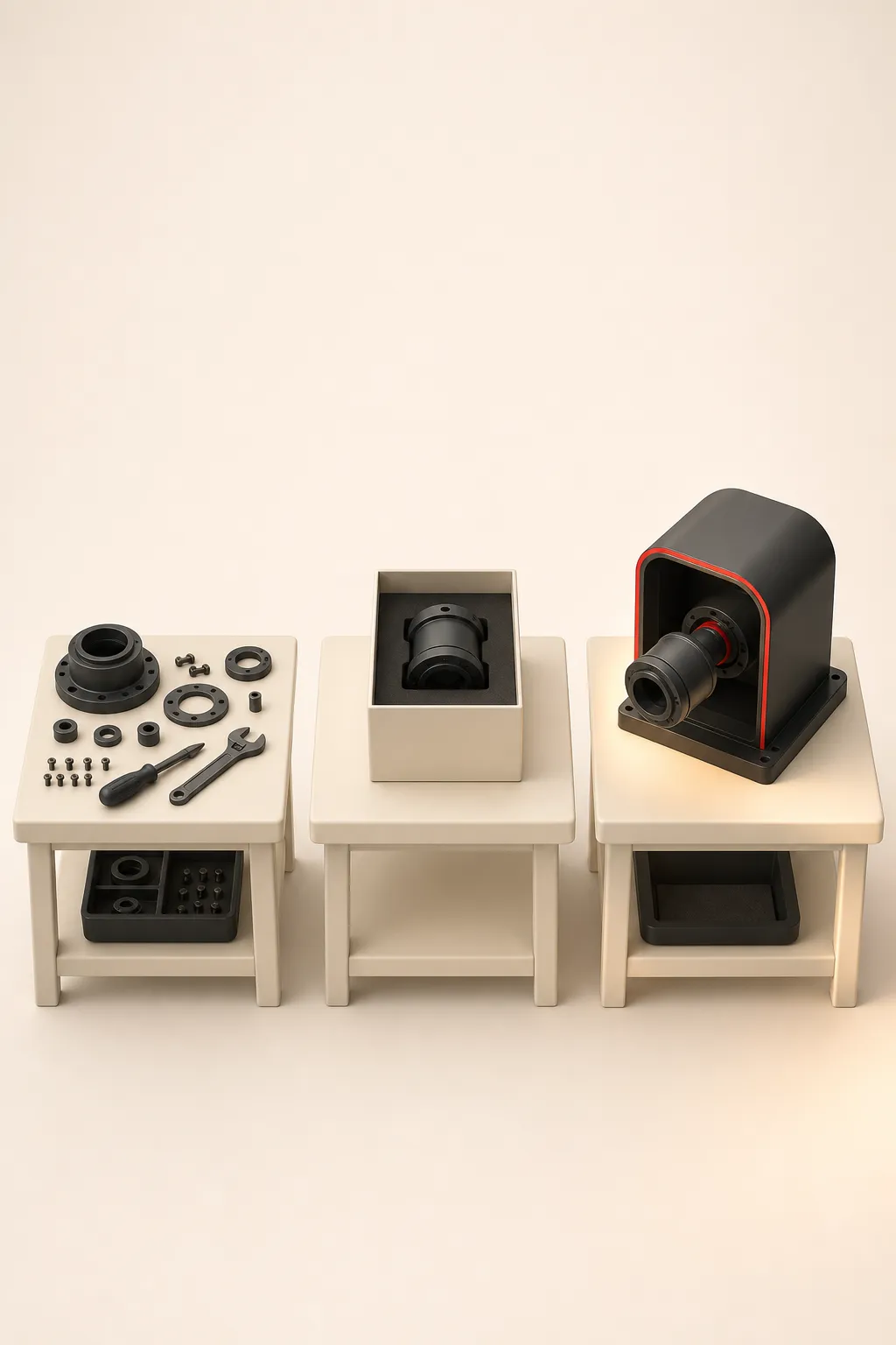 Illustration: three workbenches showing building from raw parts, buying a finished component, and integrating one into a custom product