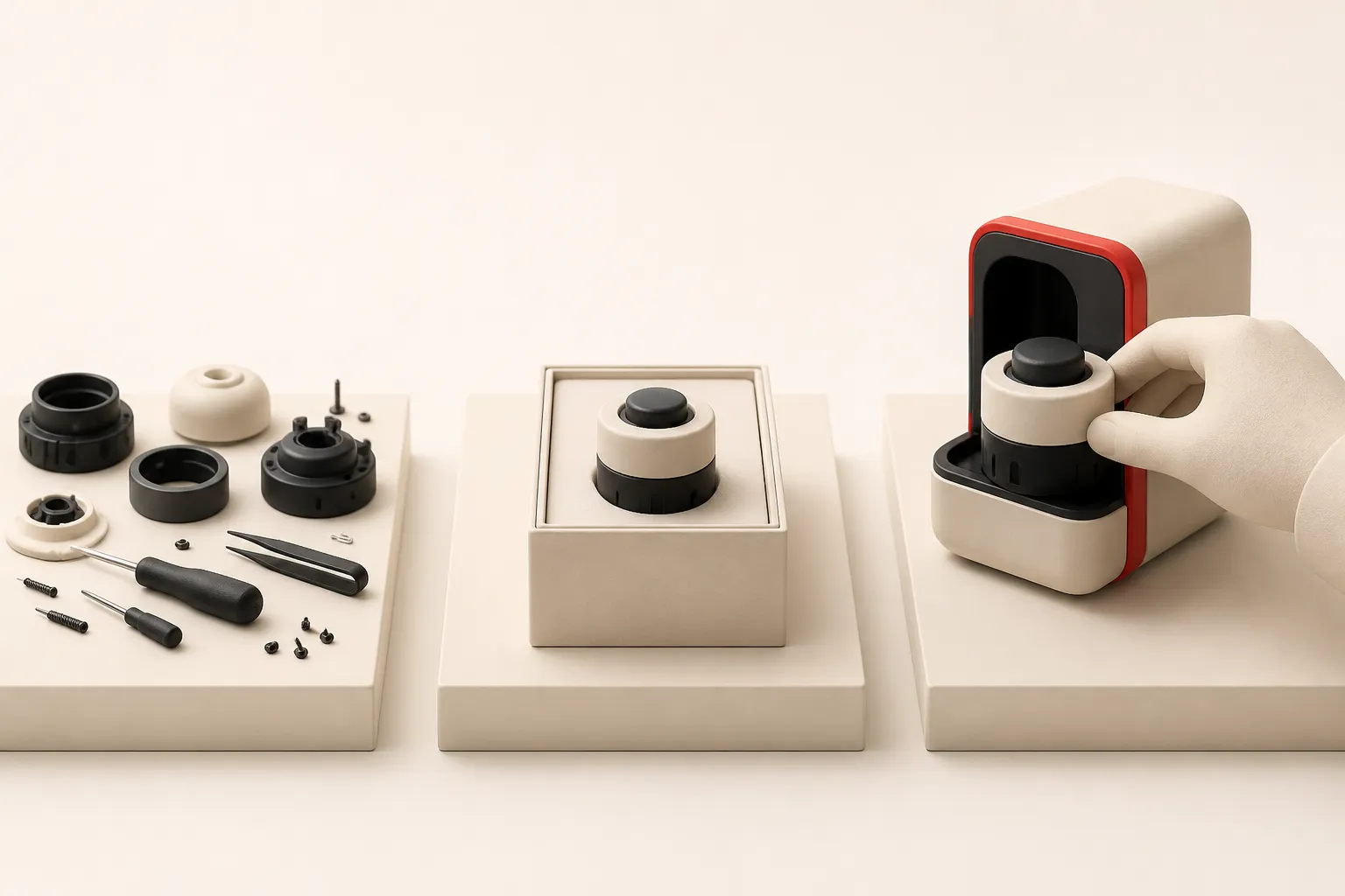 Illustration: three workbenches showing building from raw parts, buying a finished component, and integrating one into a custom product