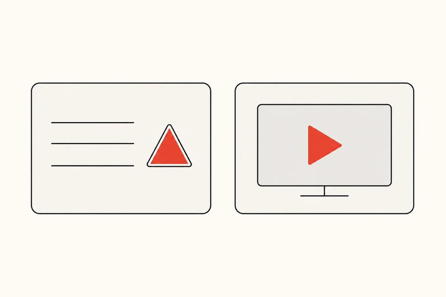 Diagram: two cards side by side — a written update flagged with a warning triangle, and a screen with a play button for the live demo