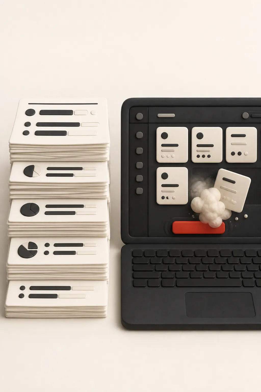 Illustration: a tall stack of neat progress reports beside a laptop where the live demo breaks apart mid-click