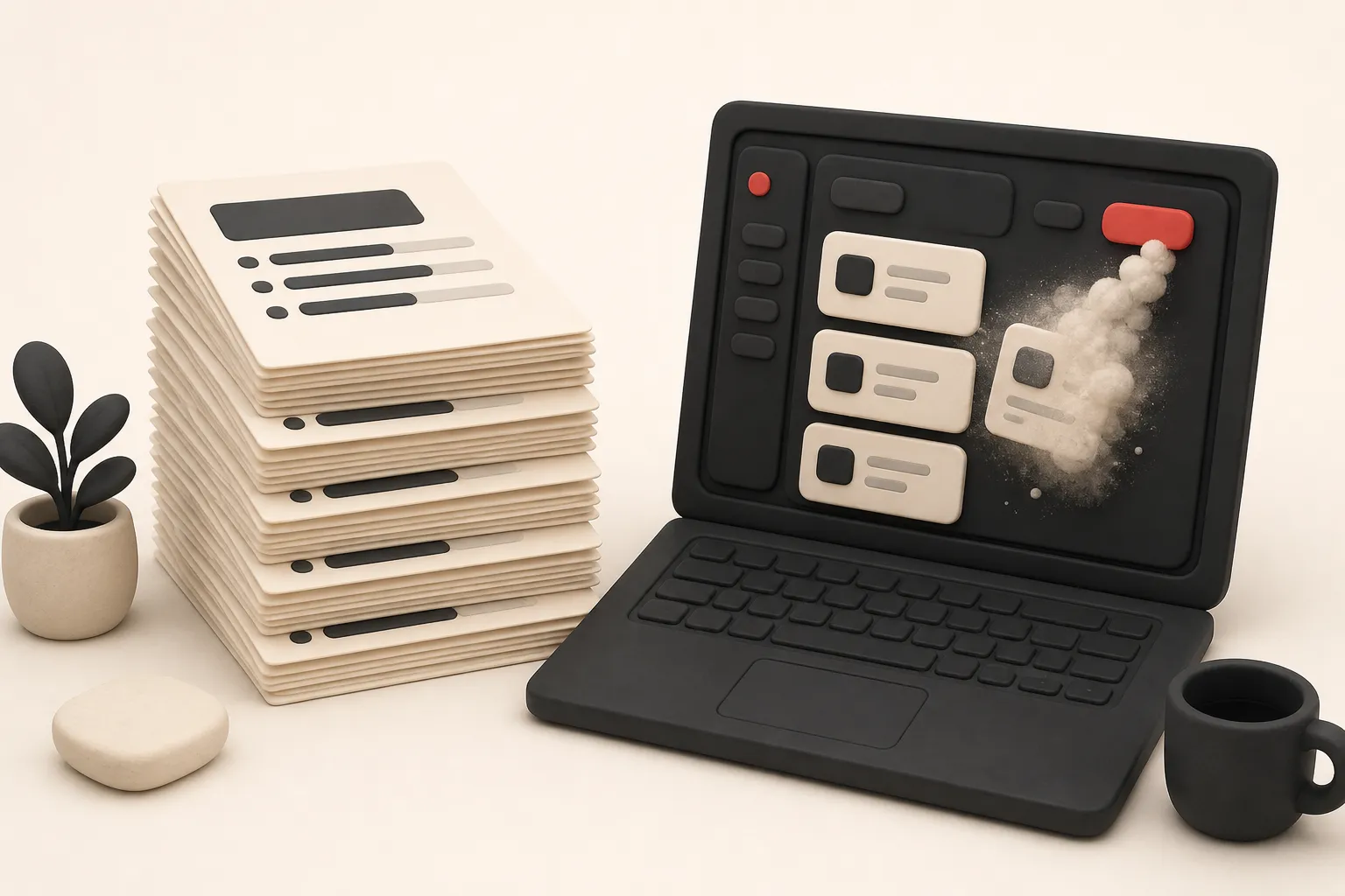 Illustration: a neat stack of progress reports beside a live demo where the button does the wrong thing