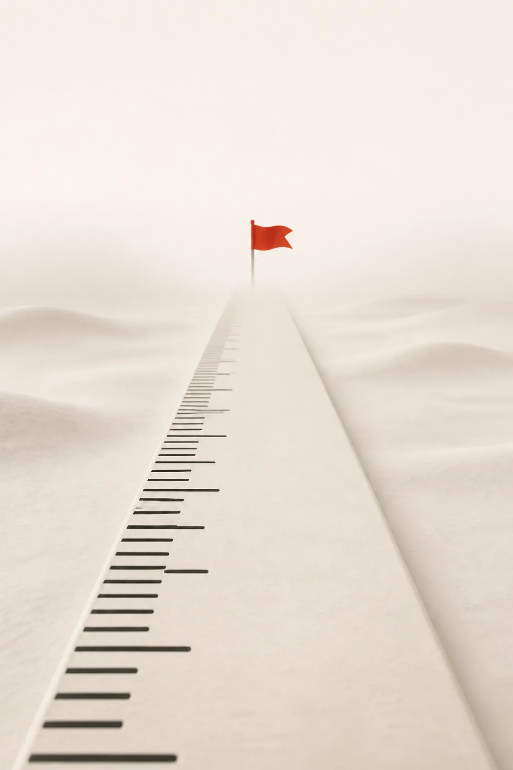 Illustration: a ruler stretching away across a pale landscape, its markings fading into haze before it reaches a small red flag