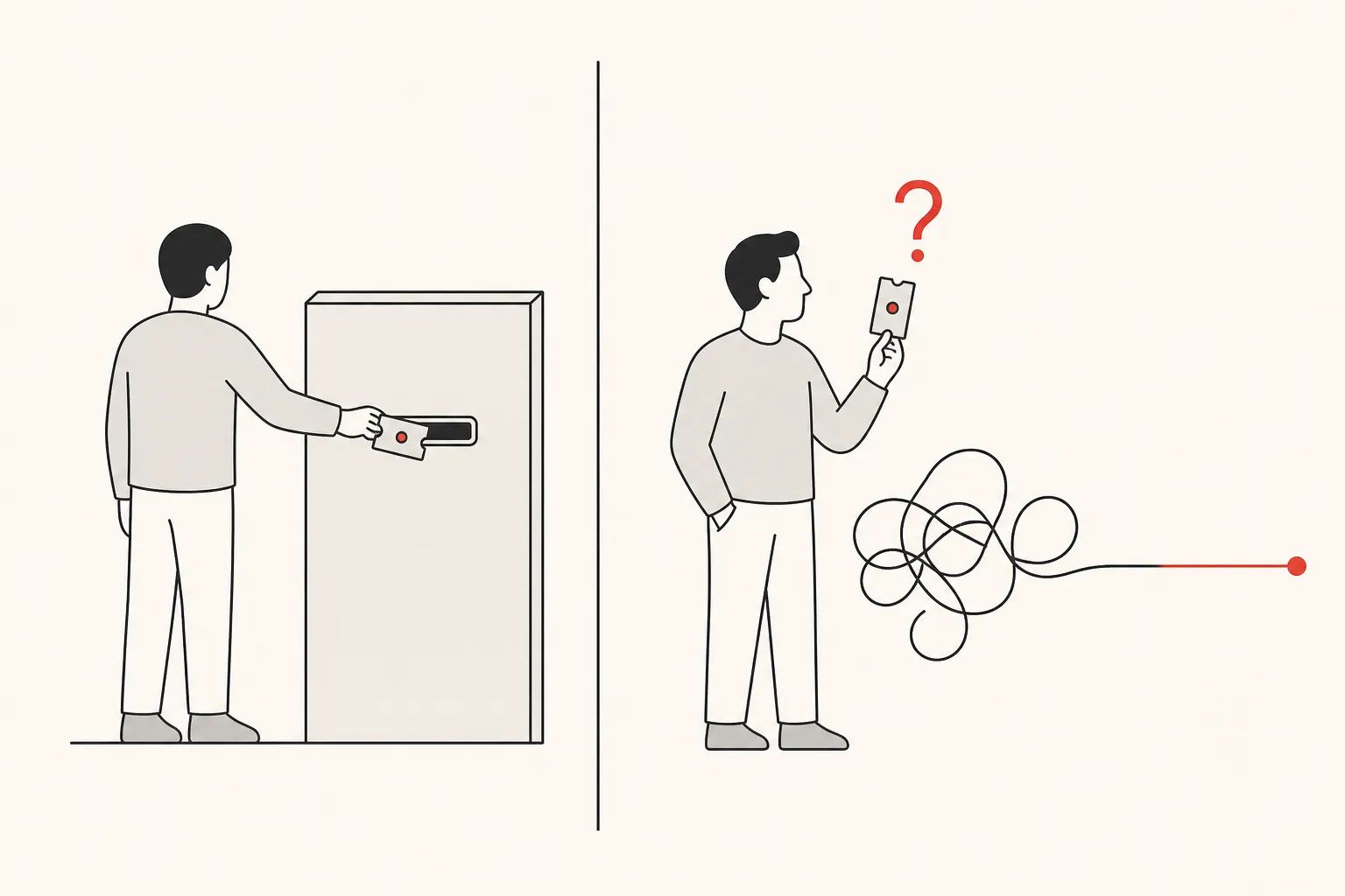 Diagram: on the left, someone posting a ticket into a slot without comment; on the right, someone holding the same ticket with a question mark while a tangled line straightens into a red one