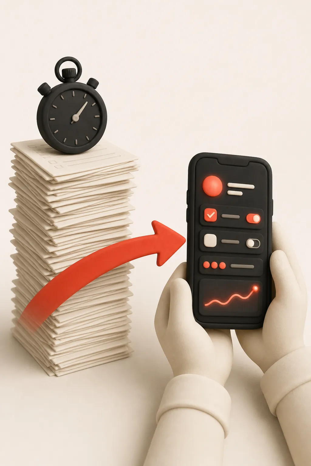 Illustration: a tall stack of timesheets topped with a stopwatch, and a red arrow pointing to two hands holding a phone running a finished app