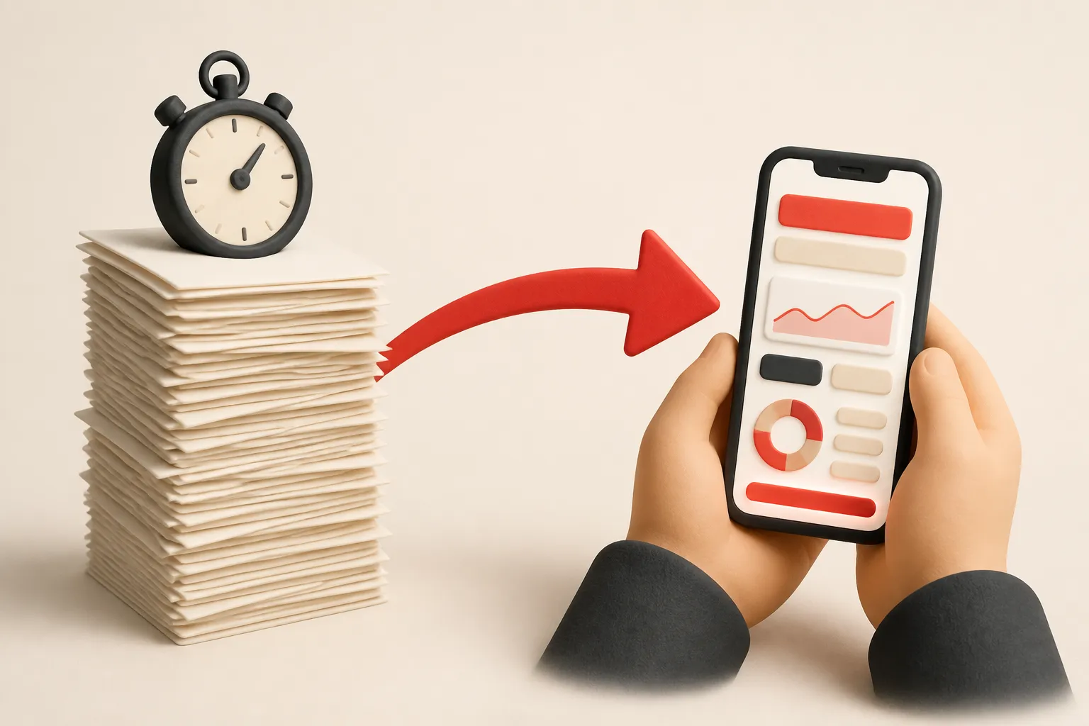 Illustration: a leaning stack of timesheets beside two hands holding a small working product
