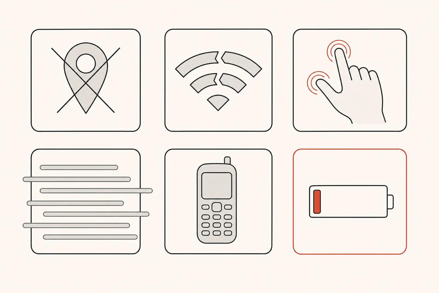 Diagram: six tiles showing real-world cases — a denied location permission, a broken network signal, a double tap, pasted text overflowing its box, an ageing phone and a nearly flat battery