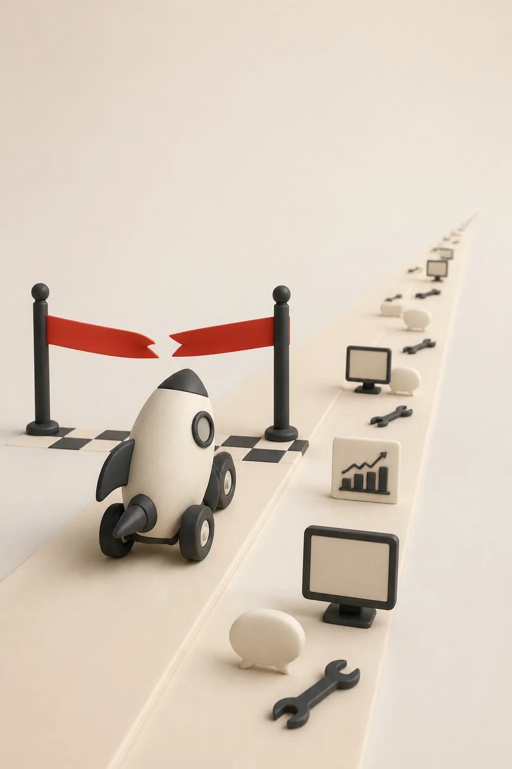 Illustration: a rocket crossing the launch line and continuing along a long runway of analytics, support and fixes