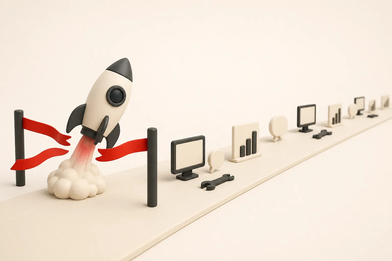 Illustration: a rocket crossing the launch line and continuing along a long runway of analytics, support and fixes