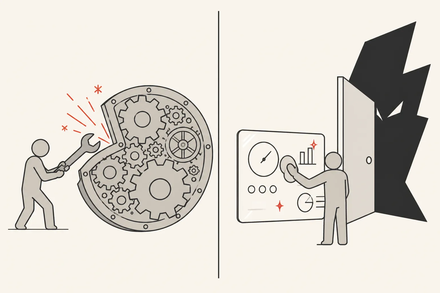 Diagram: one person prying open a machine full of gears while another polishes a dashboard, unaware of the large problem coming through the door behind them