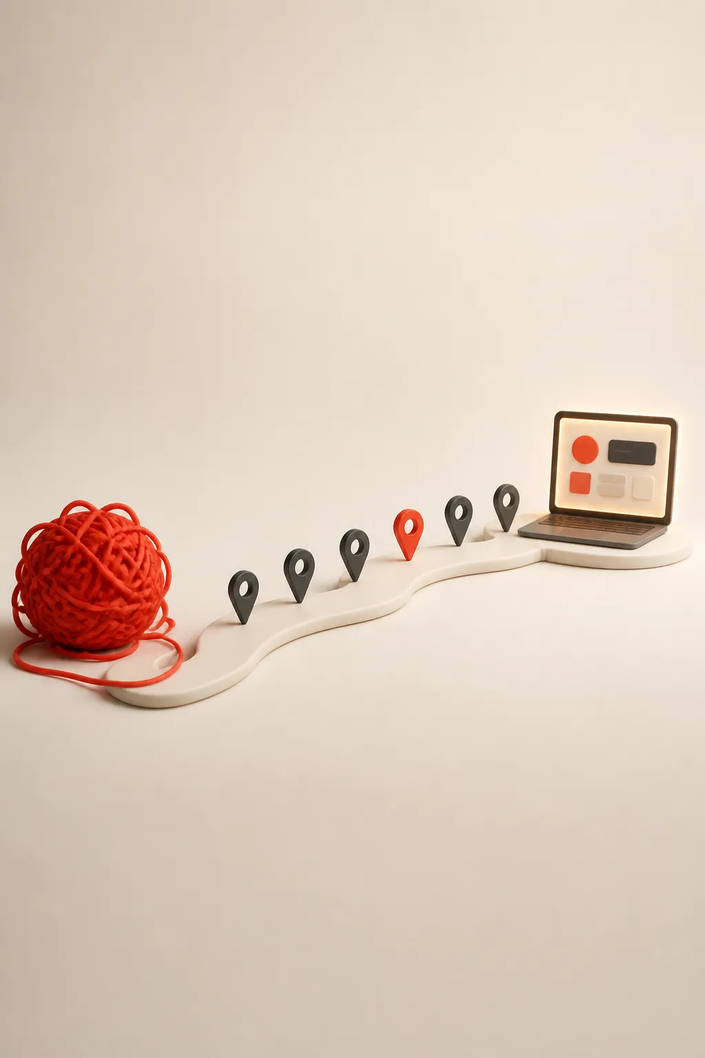 Illustration: a tangled ball of red yarn unravelling into a clean road of milestones that ends at a working product